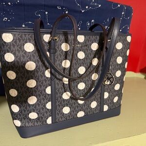 Michael Kors Dark Blue and Cream Dot Tote